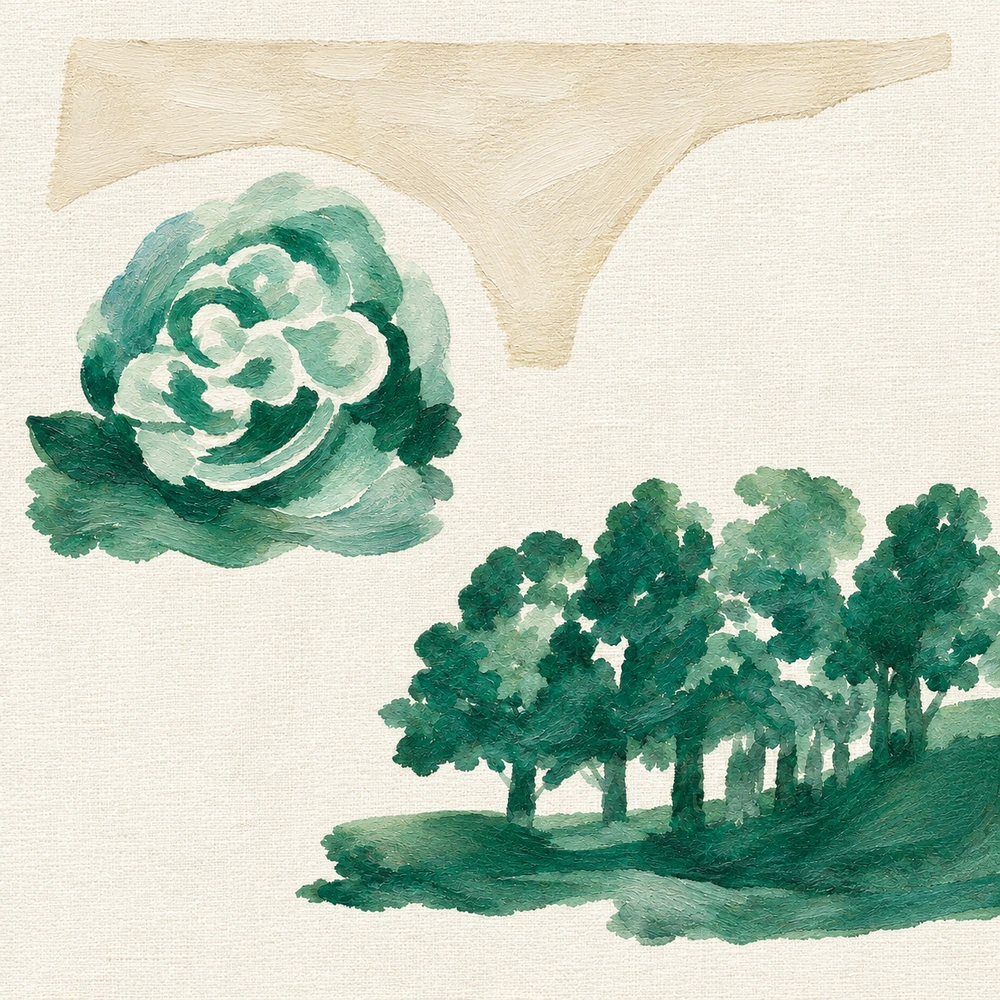 协作主题油画：绿色花朵与树木